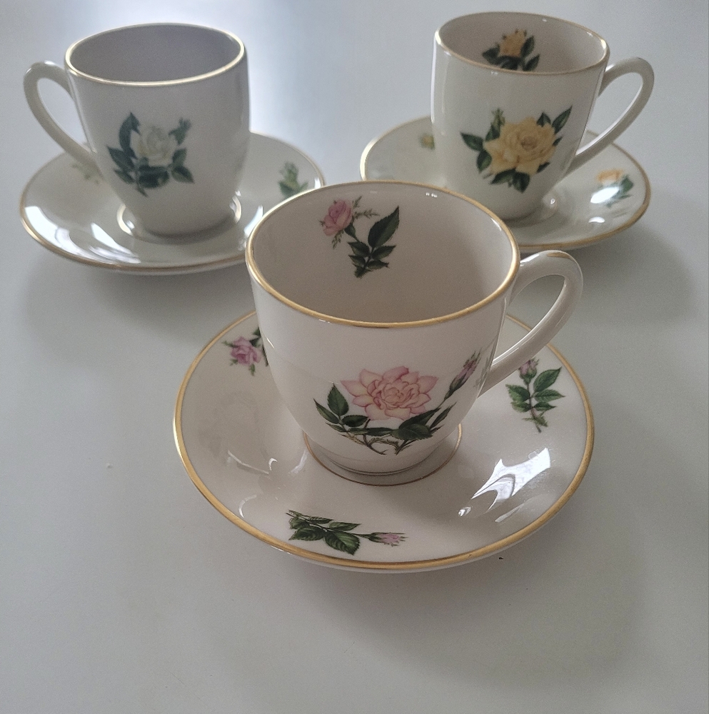 Set of 3 Picard China Gloriglo American Rose Society Small Teacups & Saucers